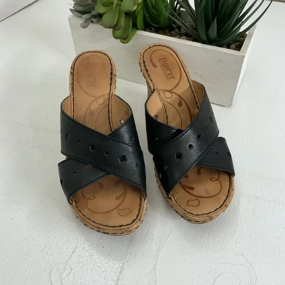 Born Black and Tan Wedge Sandals - Picture 2 of 5